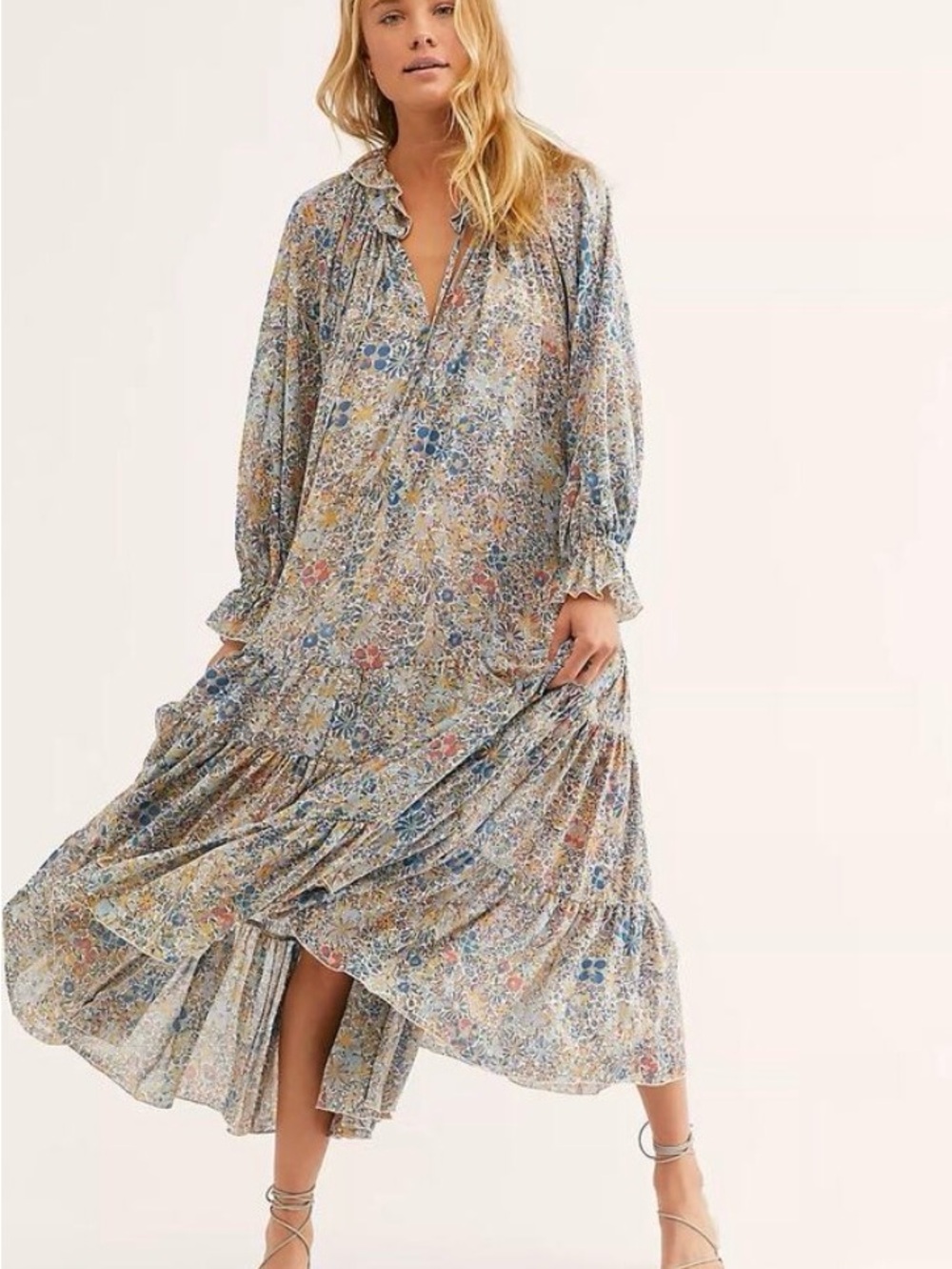 Free People Floral Tiered Long-Sleeve Maxi Dress - Blue Multi